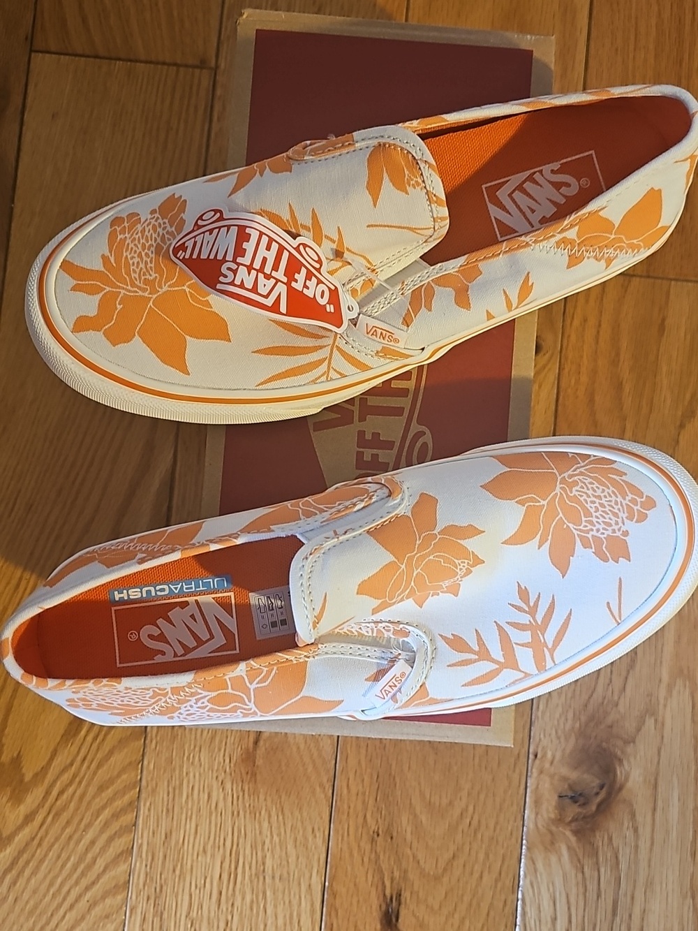 Vans Slip-On Floral Canvas Sneakers - Orange & White Womens 9 - Picture 2 of 2